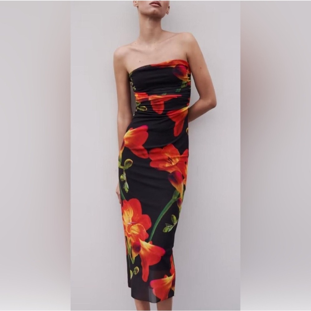 ZARA Floral Strapless Black Dress